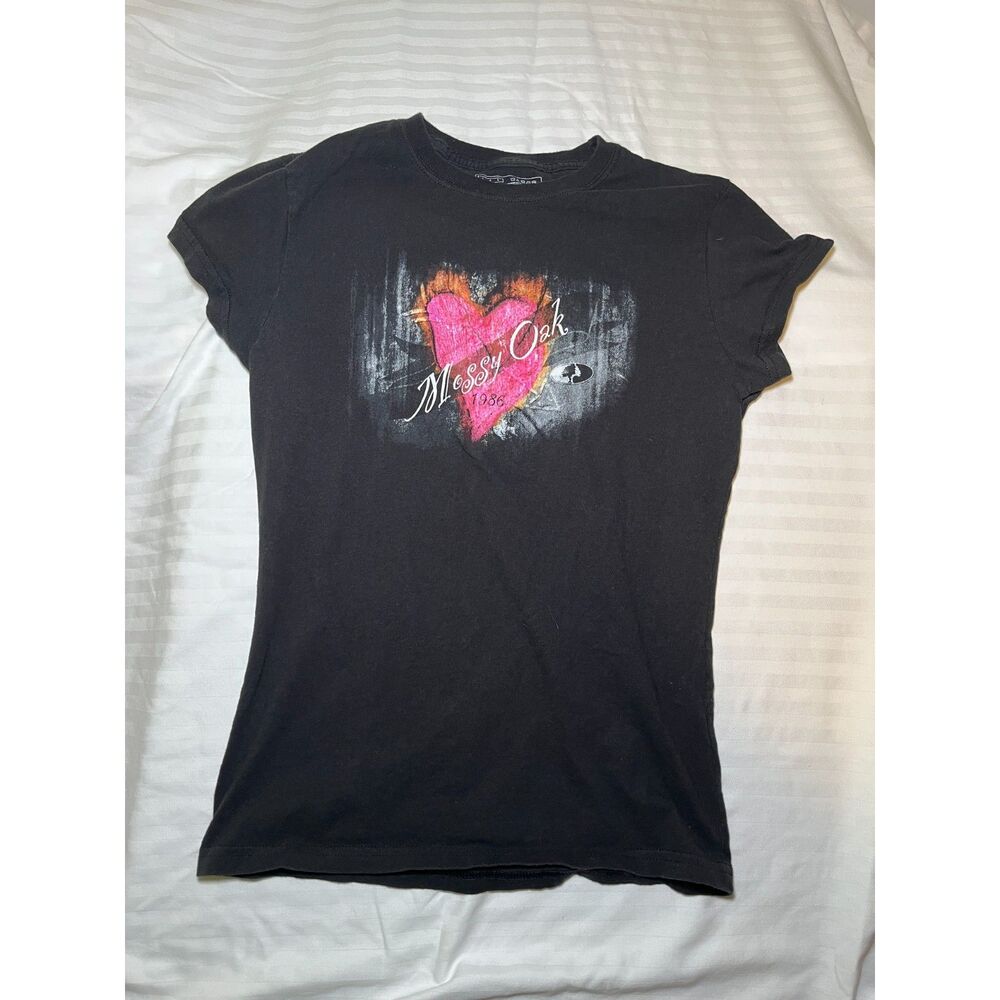 Mossy Oak Womens Large Black Graphic Tee Pink Heart Logo Cotton T Shirt